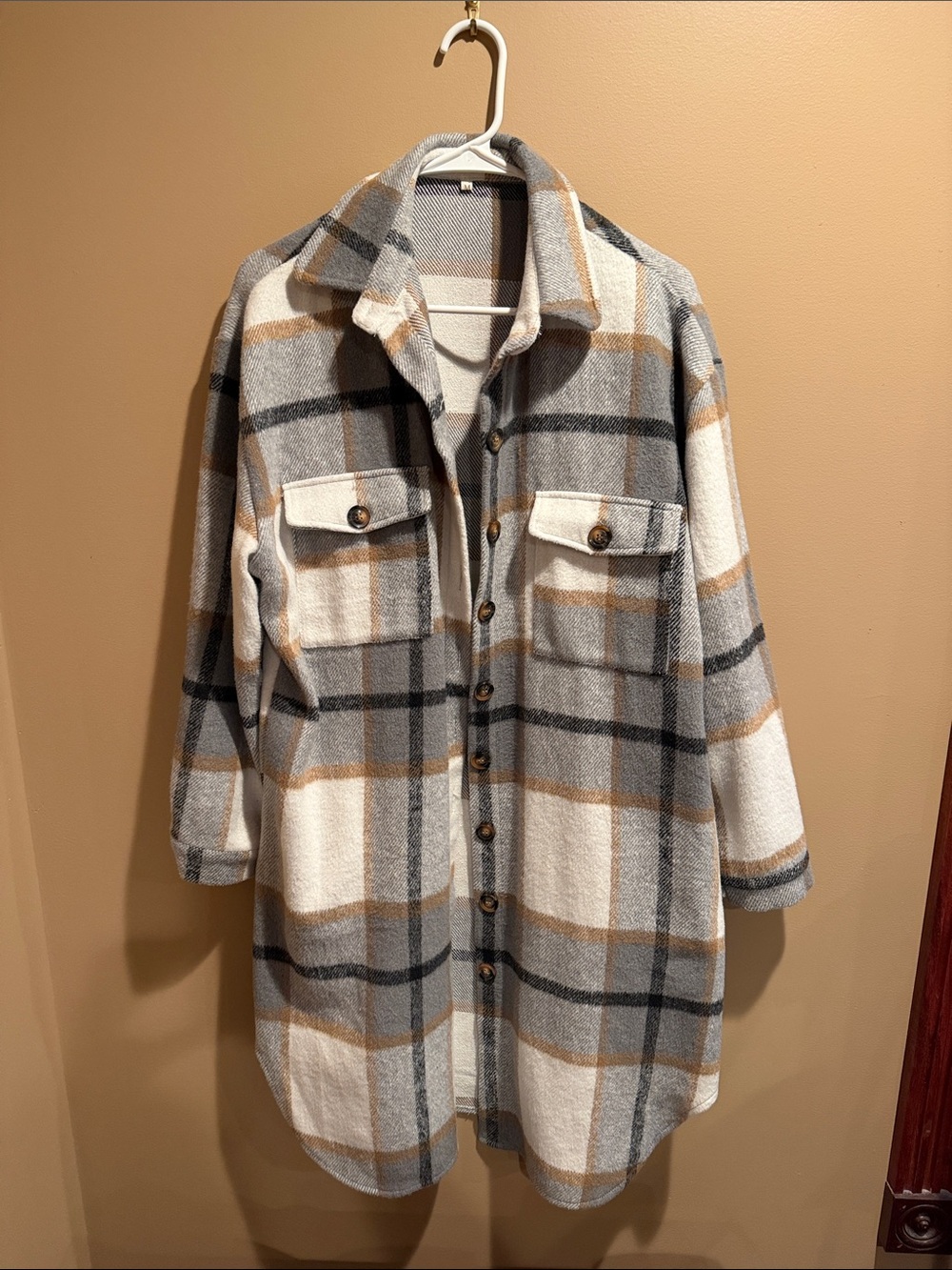 Plaid Button-Front Shacket Jacket in Cream, Gray & Tan